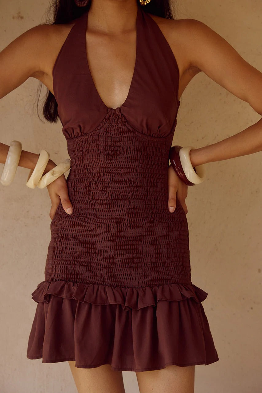 Fleur Shirred Halter Mini Dress - Chocolate